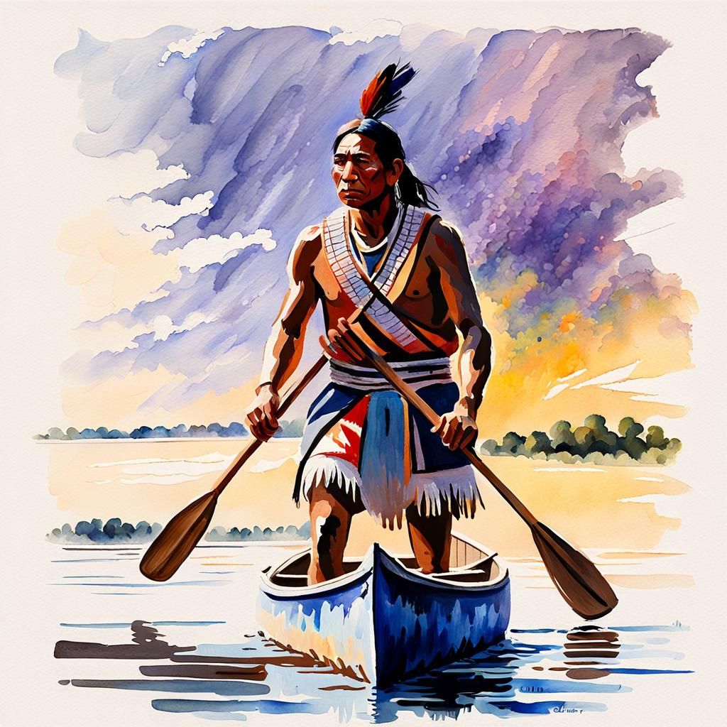 Choctaw Brave on the Mississippi in Pastel Watercolor