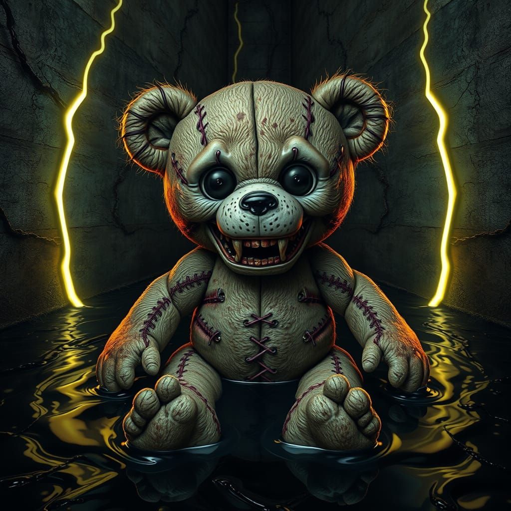 Grotesque Teddy Bear in Dark, Twisted Realism
