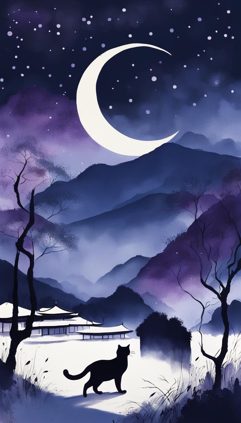 Minimalist Ink Painting: Cat and Crescent Moon