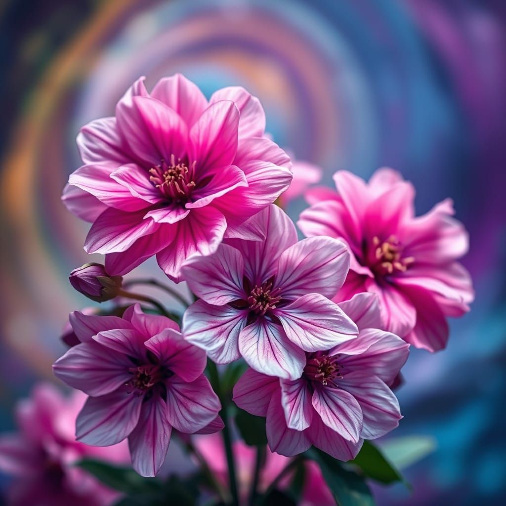 A vibrant composition of blooming flowers in soft pink and rich blue hues, set against a swirling, colorful background. ...