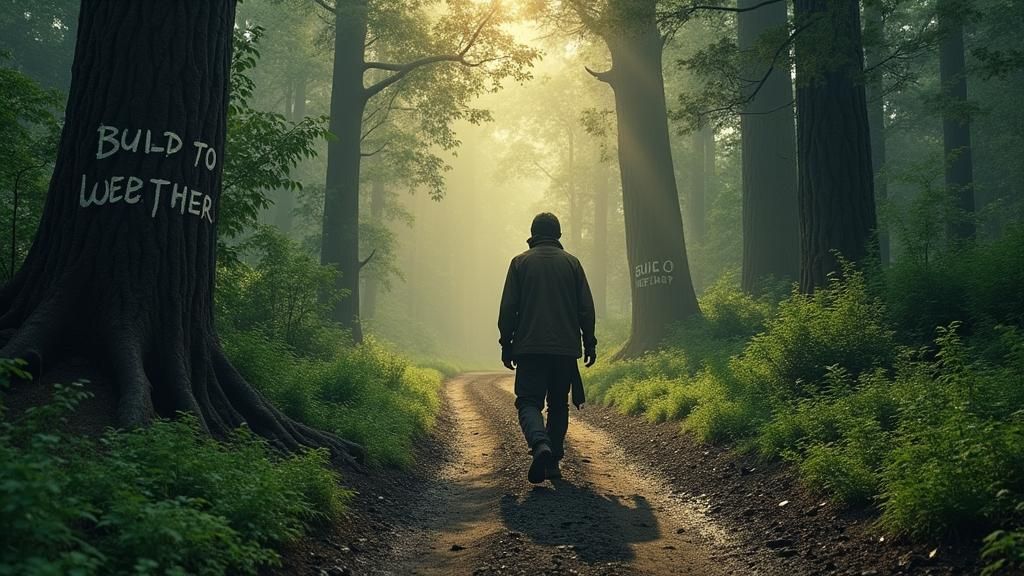 Resilient Figure Walks Through Post-Storm Forest