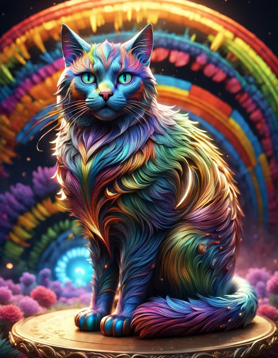 Rainbow Cat: Mythical Creature in Ornate Detail