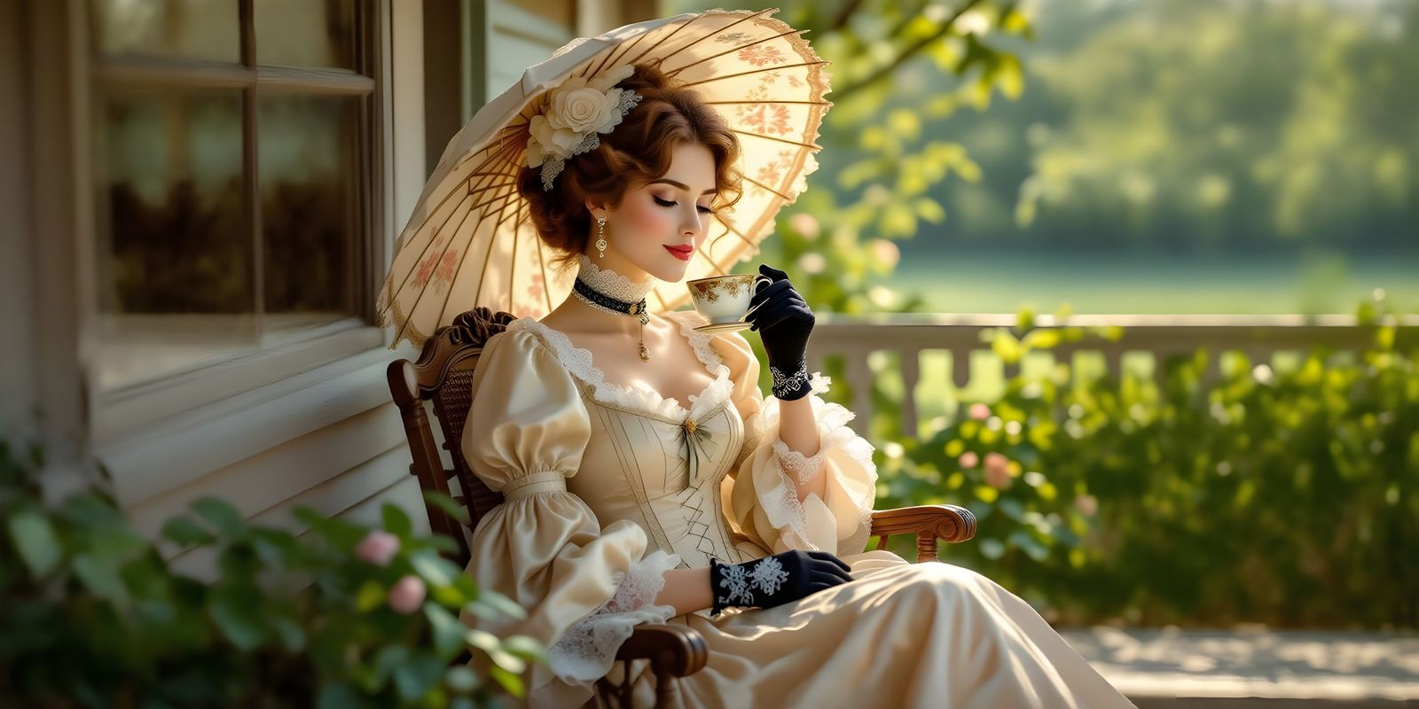 Victorian Lady Relaxing on Sunny Country Porch