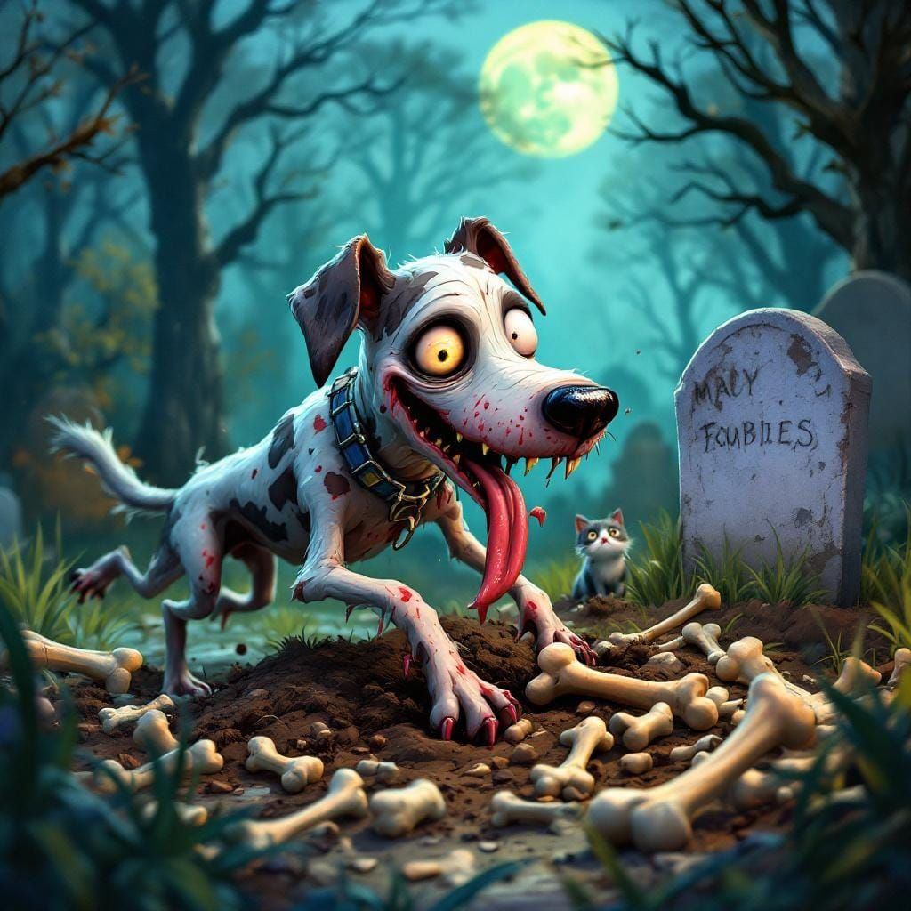 Playful Zombie Dog Unearths Bones in Graveyard