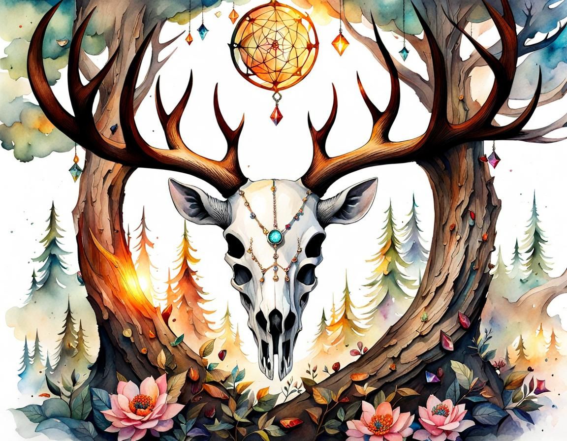 Watercolor Deer Skull with Viking Runes