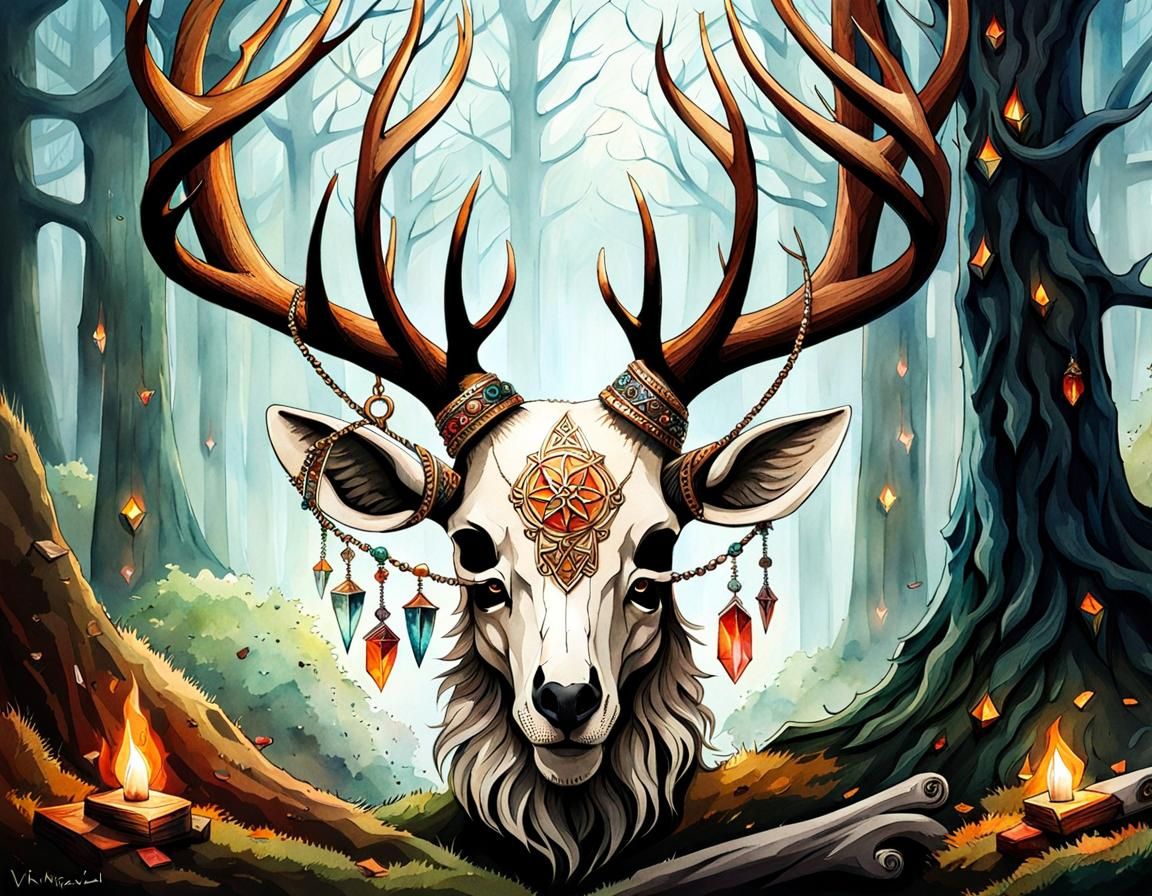 Deer Skull with Runes in Watercolour Style