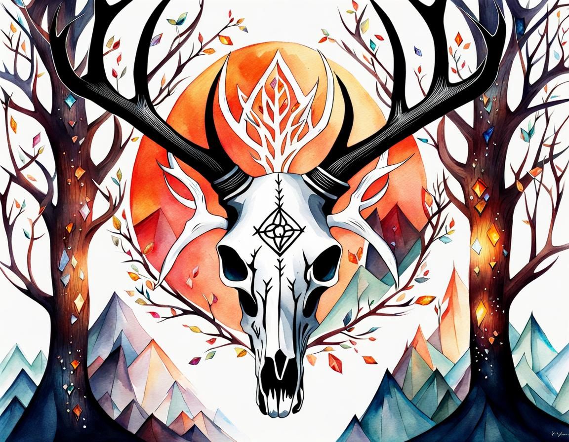 Watercolor Deer Skull With Viking Runes