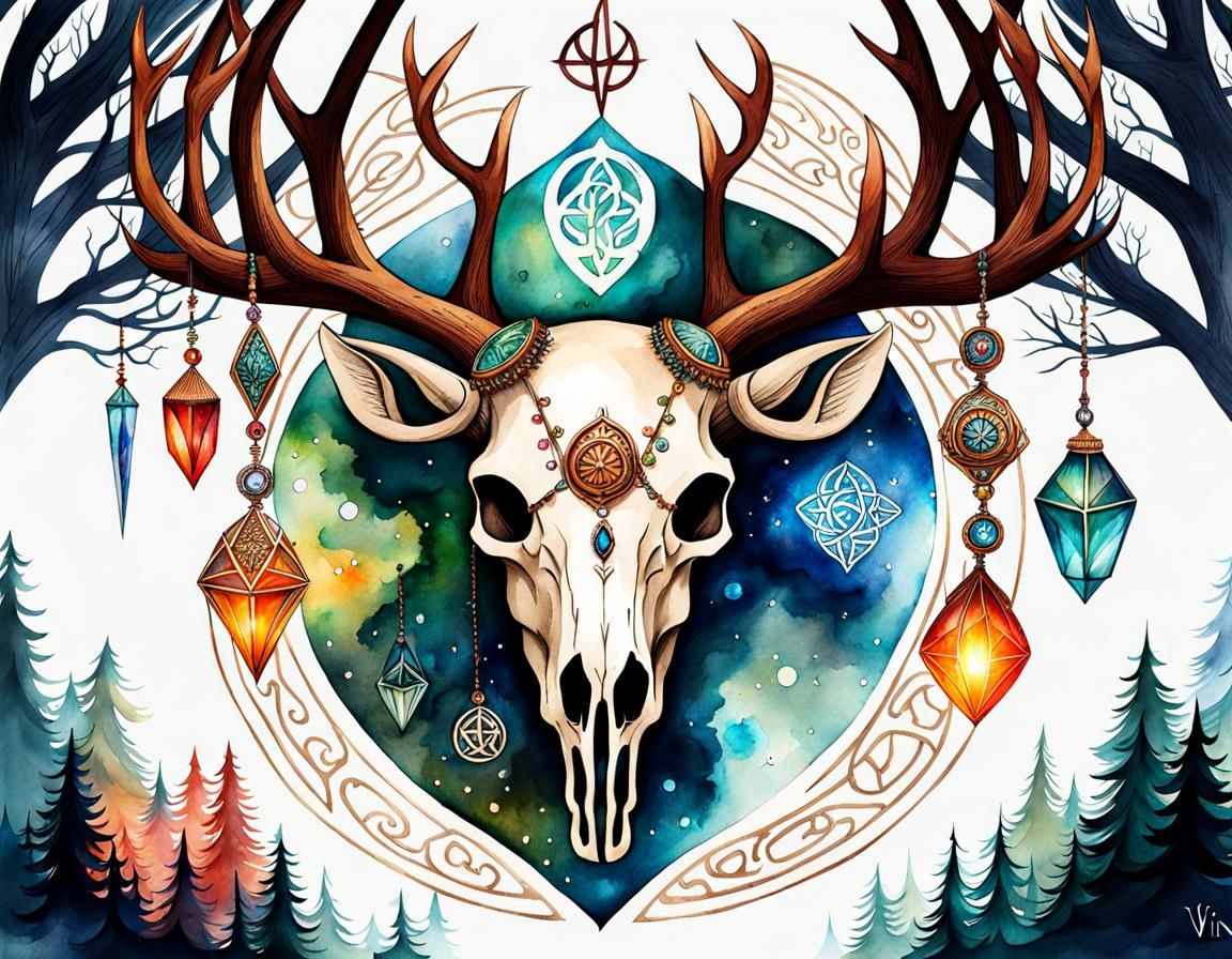 Deer Skull with Runes in Watercolour Style