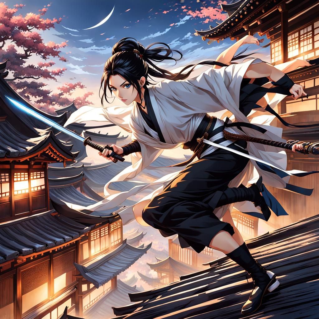 Anime Ninja Chasing Enemy Across City Rooftops