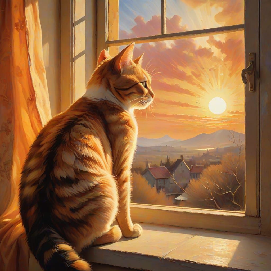 Surrealist Cat Watching Sunrise, Painterly Style