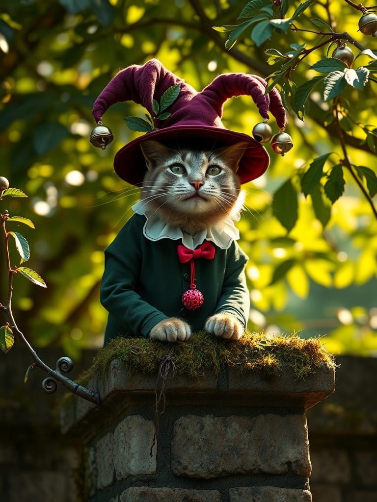 Whimsical Cheshire Cat as 16th-Century Jester