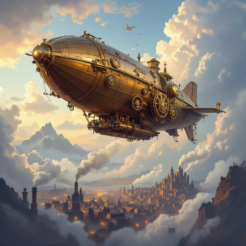 Steampunk Airship Soars Through Volumetric Clouds Over Victo...