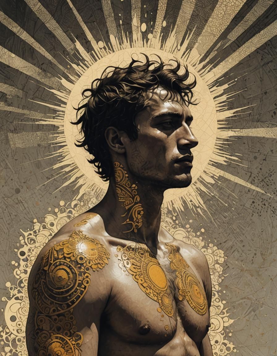 Divine Sun Profile in Halftone Pattern Style