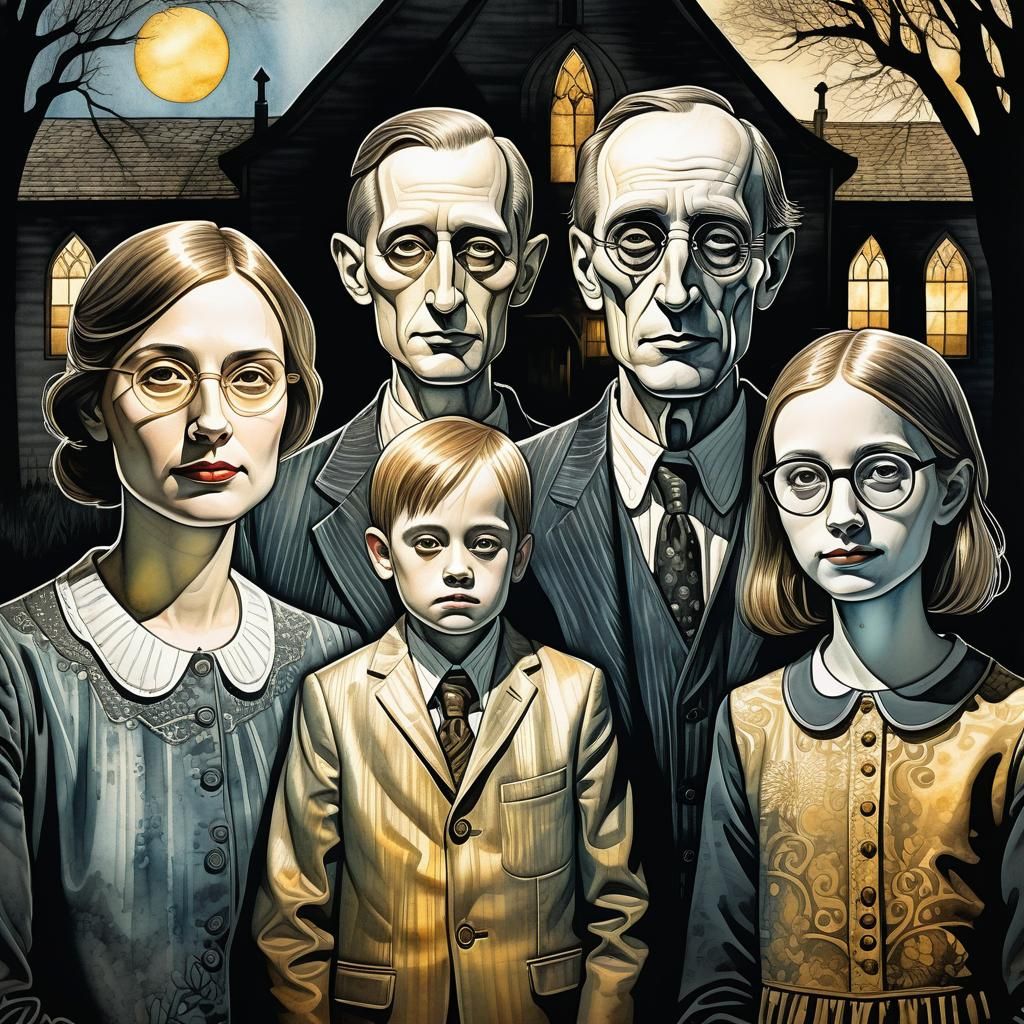 Surreal Family Portrait in American Gothic Comic Style