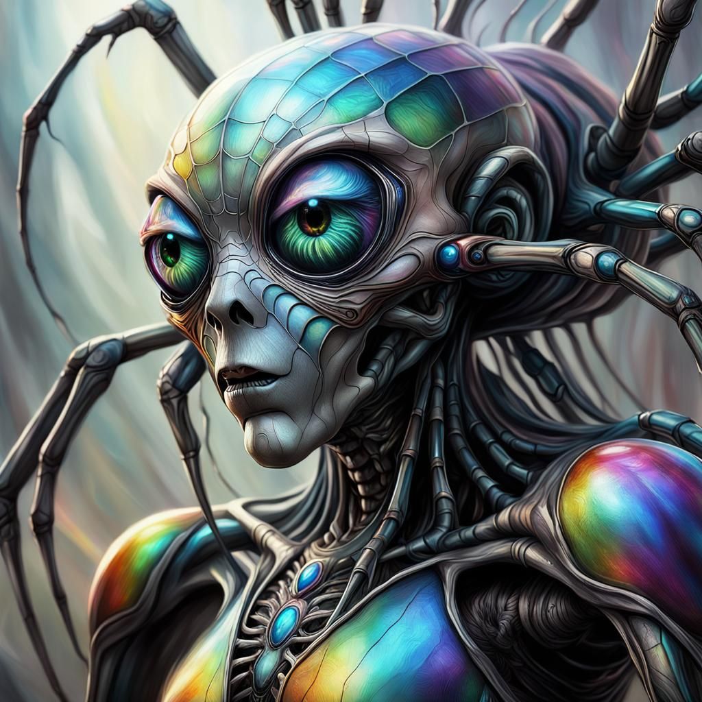 Ethereal Biomechanical Spider Goddess in Iridescent Splendor
