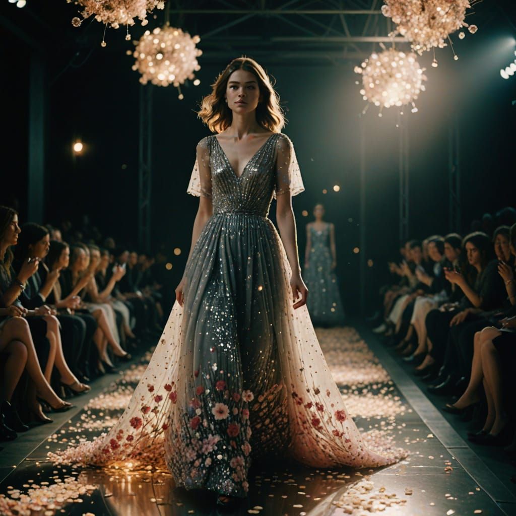 Glamorous Woman Struts Down the Catwalk in Ethereal Fashion