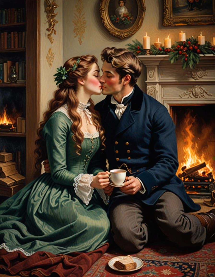 Victorian Couple in Tender Moment by the Fire