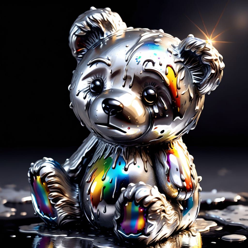 Melting Masterpiece: Silver Teddy Bear Transformed