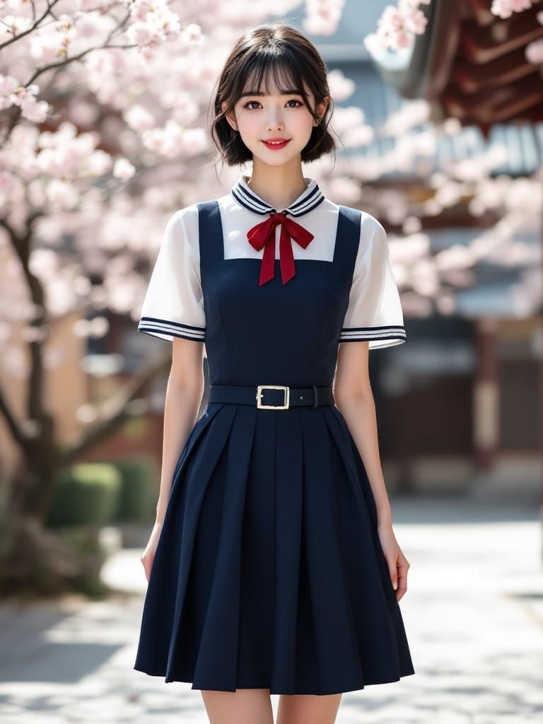 Japanese Schoolgirl in Spring Courtyard, Audrey Hepburn Styl...