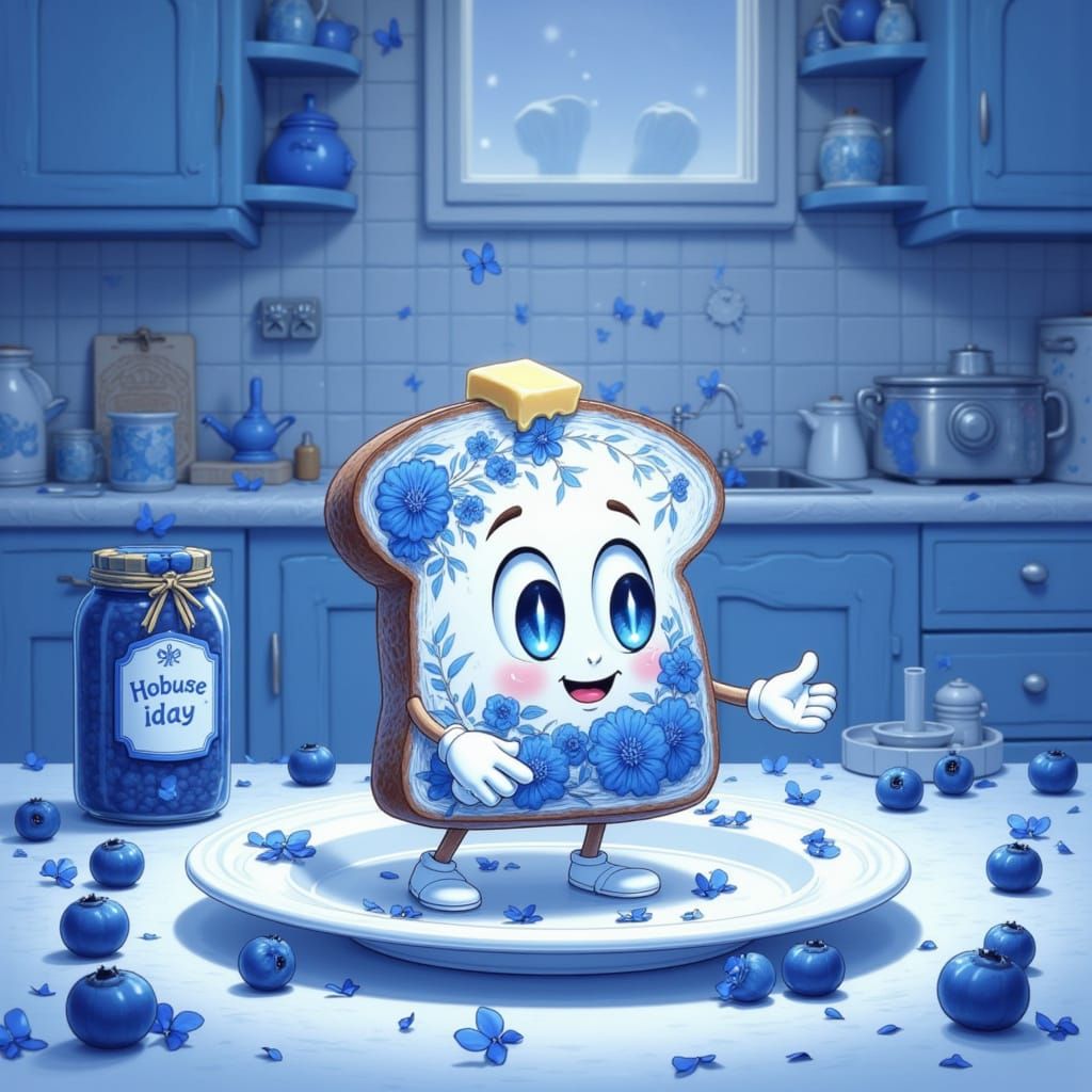 Rye Toast Character with Blueberries in Storybook Style
