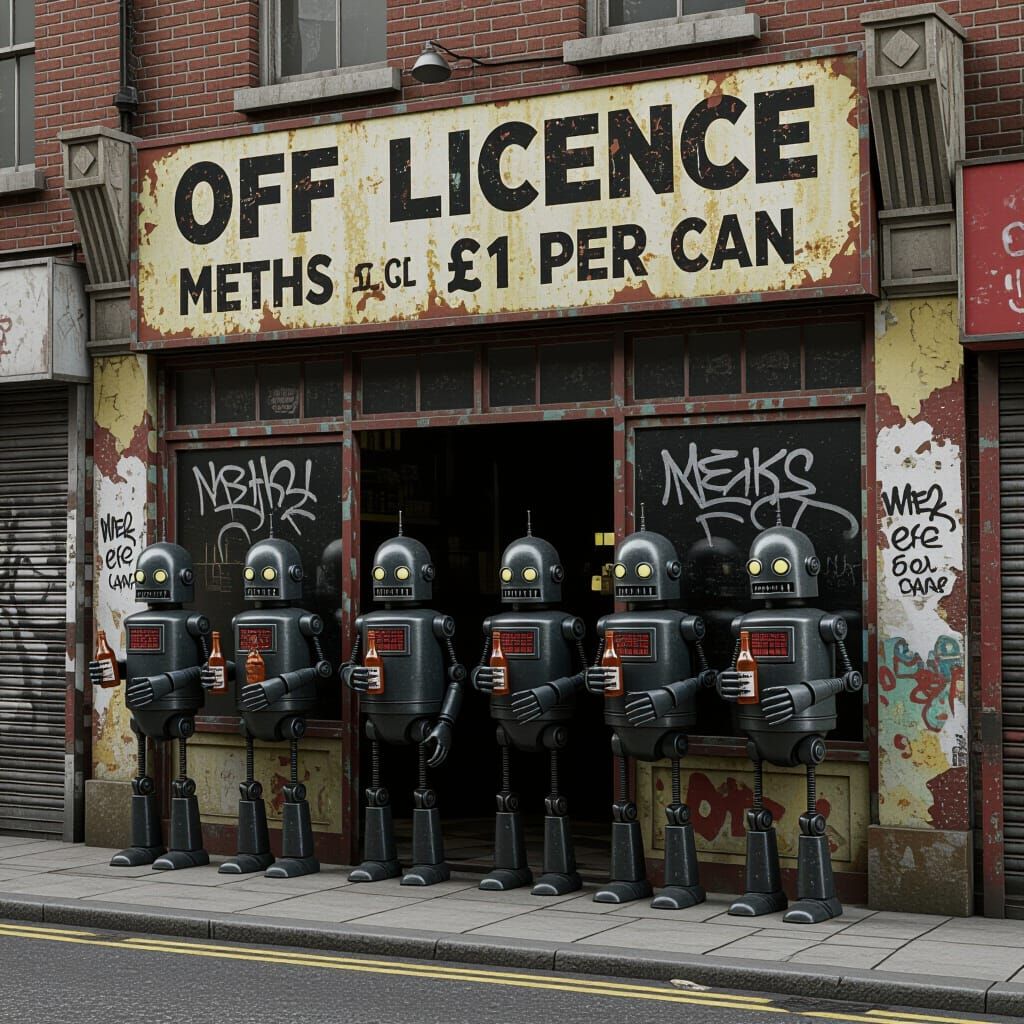 Dystopian Robot Queue Outside Rundown Shop