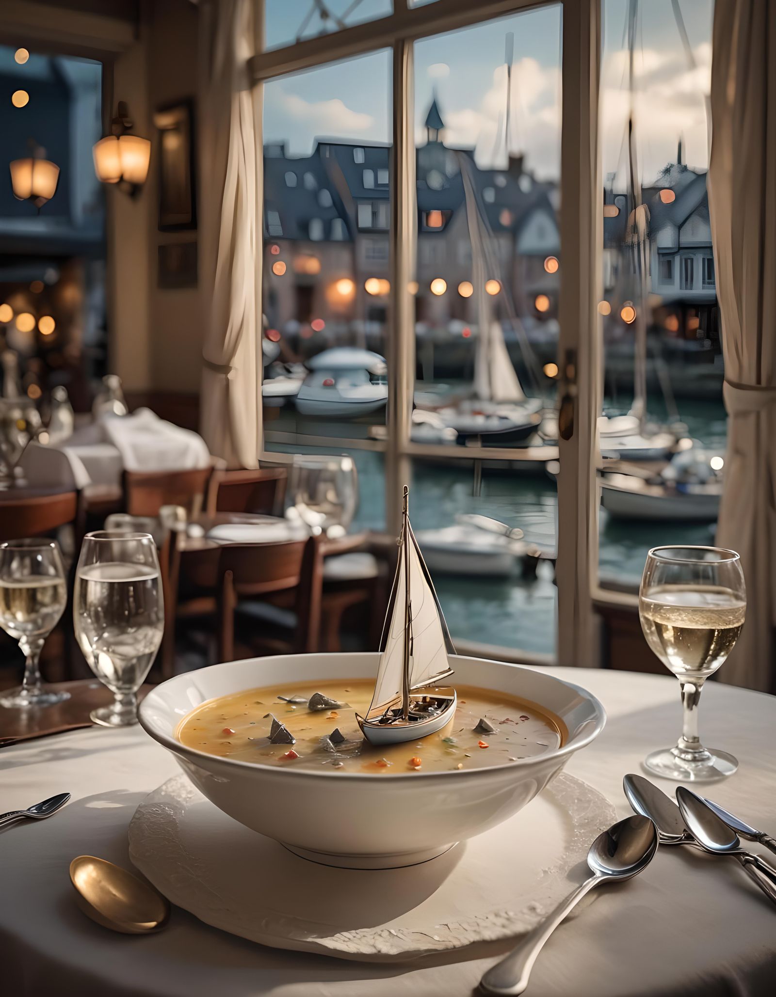 Sailboat Figurine in Soup Bowl at Restaurant