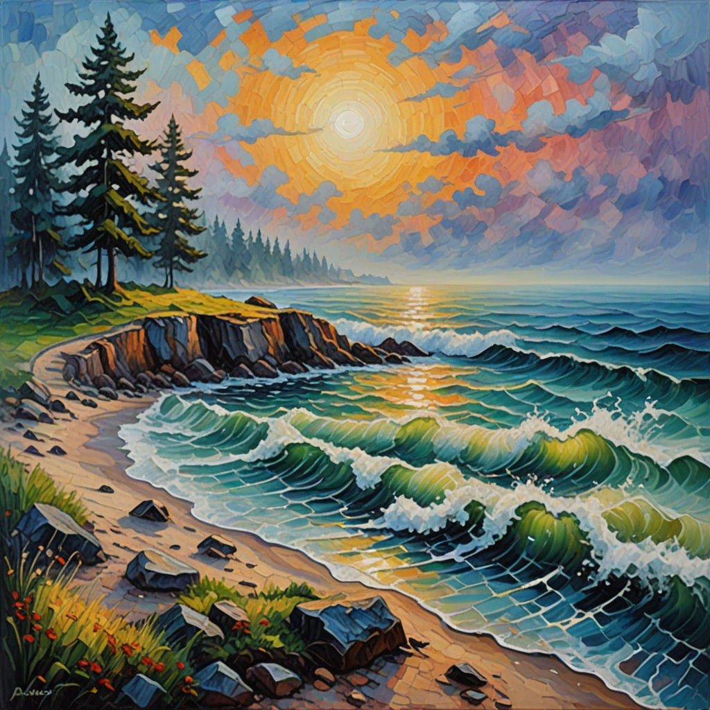 Mysterious Foggy Landscape in Neo-Impressionist Style