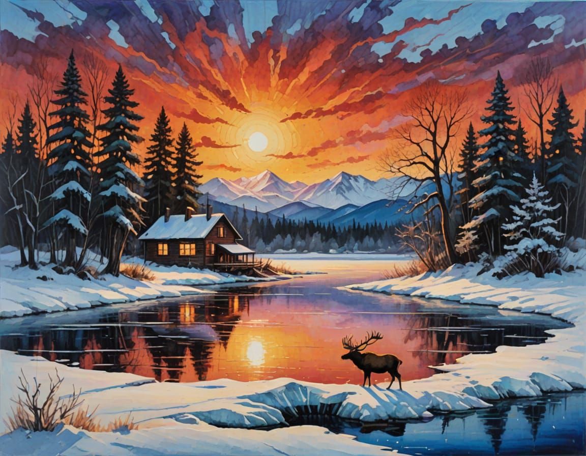 Vibrant Sunset Over Frozen Lake Painting with Elk and House