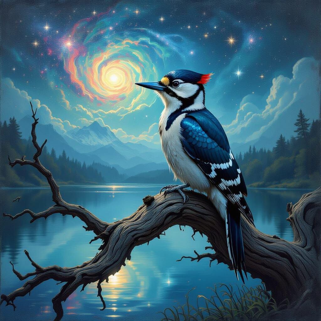 Iridescent Woodpecker in a Starry Landscape