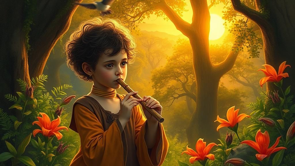Girl Playing Flute in Mystical Forest, as Oil Painting