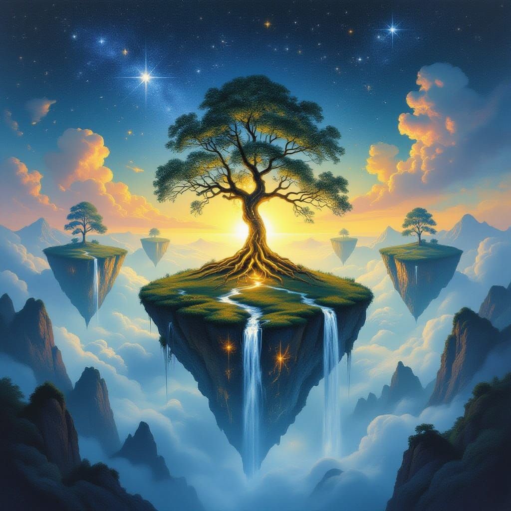 Surreal Floating Islands with Glowing Tree in Starry Abyss
