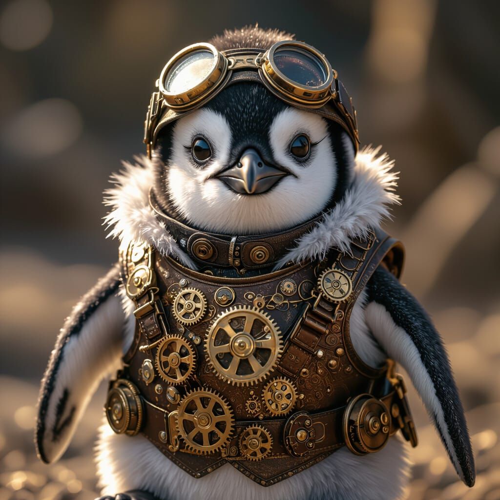 Steampunk Baby Penguin Character in Detailed Outfit