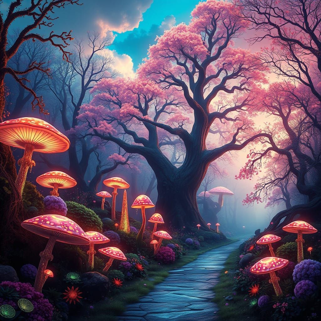 Dreamlike Forest Pathway in Ethereal Landscape