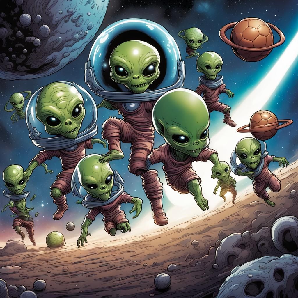 Alien Bobbleheads Play Soccer in Space: Comic Book Art