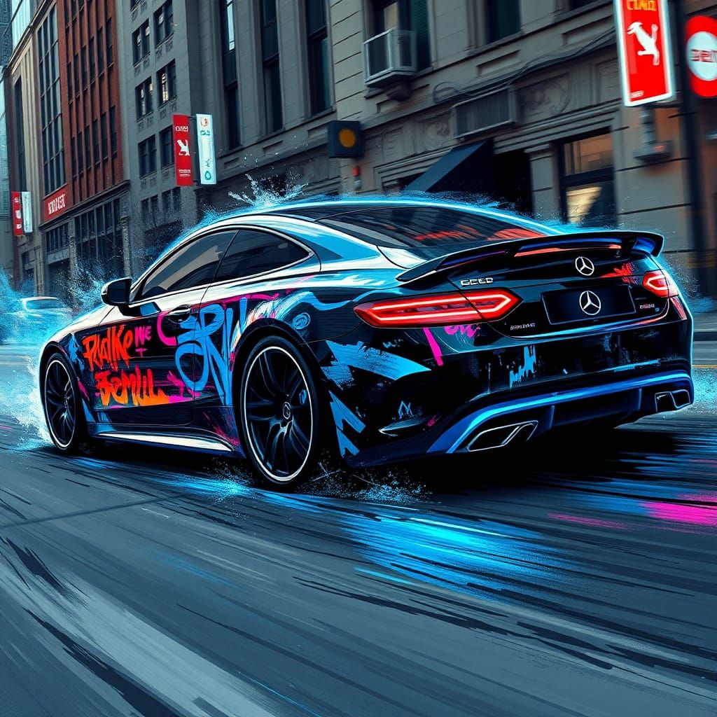 Mercedes in Motion: Neon Lights and Graffiti Art