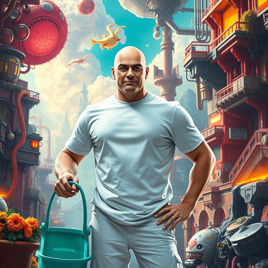 Futuristic Mr. Clean in a Whimsical Industrial Landscape