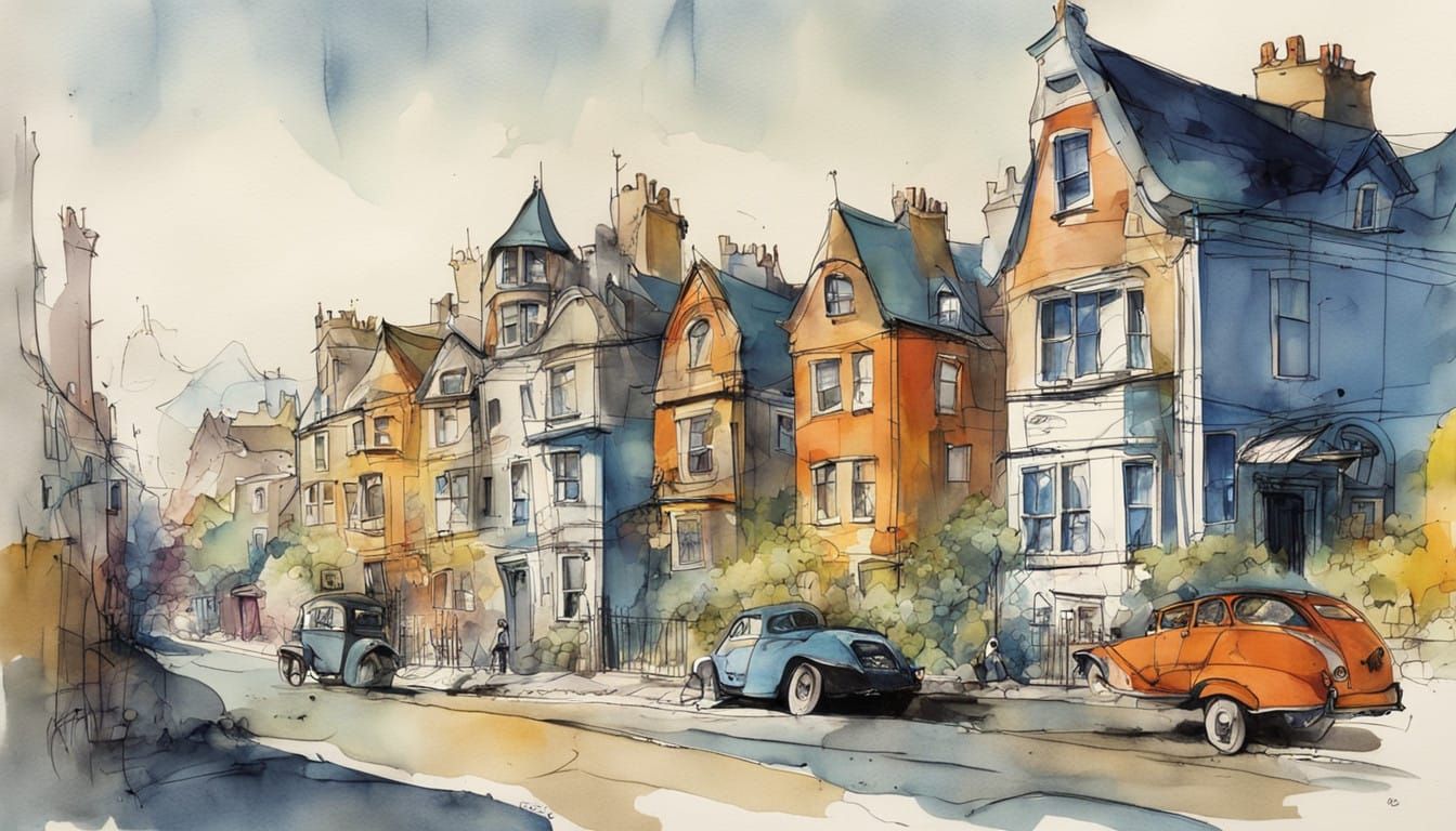 Vibrant Quirky Townhouses in Mixed Media