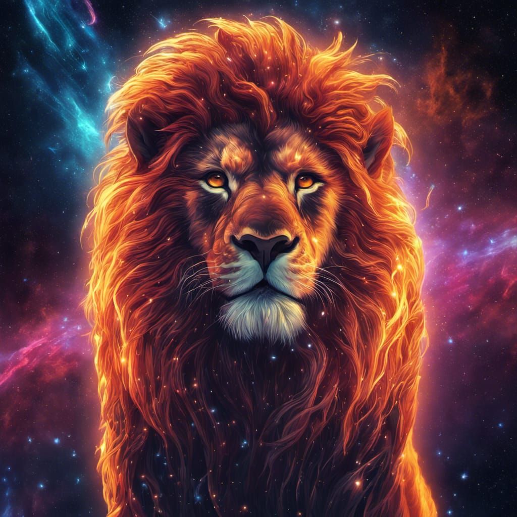 Glowing Amber Lion in Space: Fantasy Concept Art