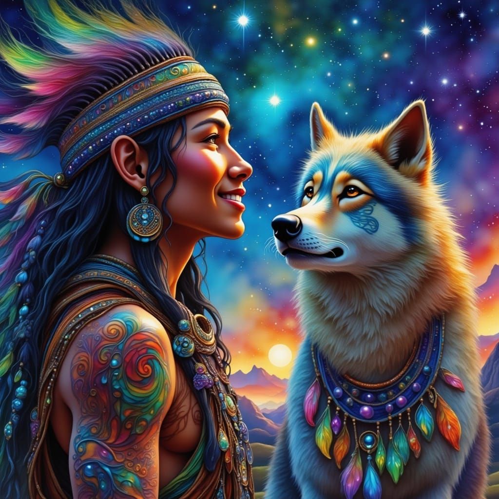 Native American Man and Wolf Dance in Eternal Pow Wow