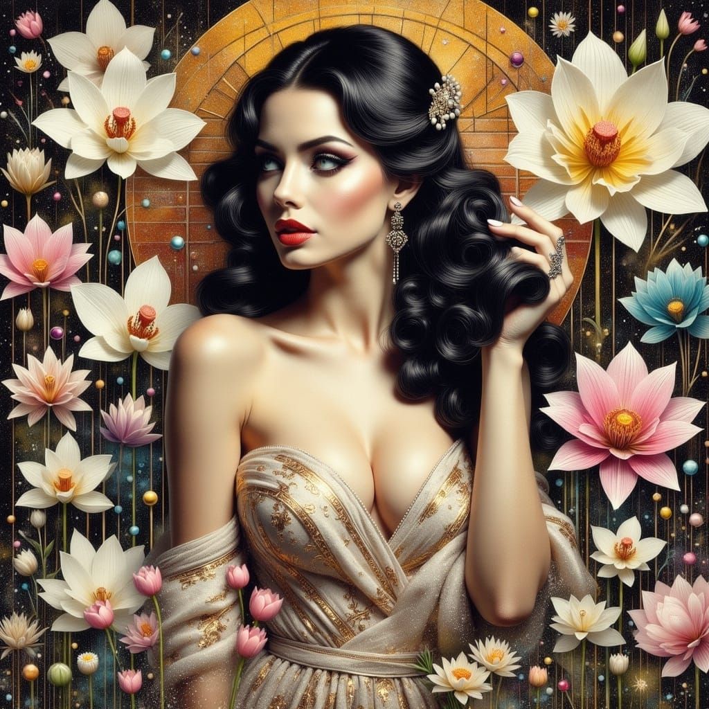 Elegant Woman Among Flowers in Impressionist Dreamscape