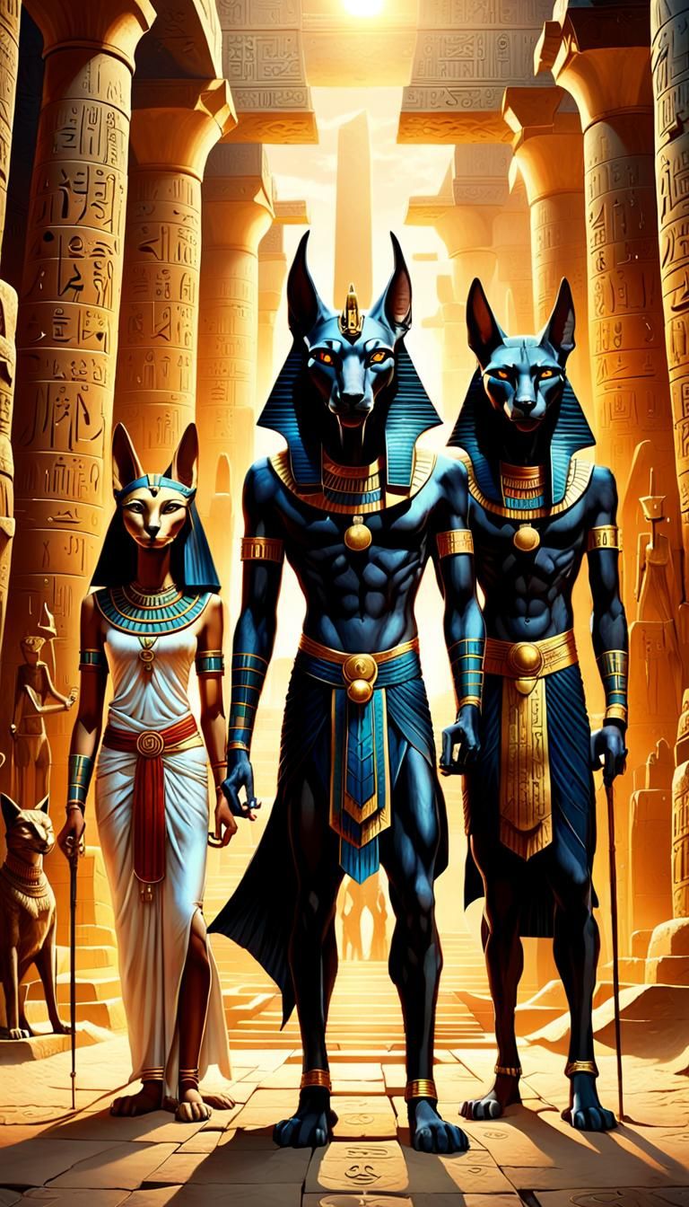 Anubis, Bastet, and Thoth in Mystical Temple