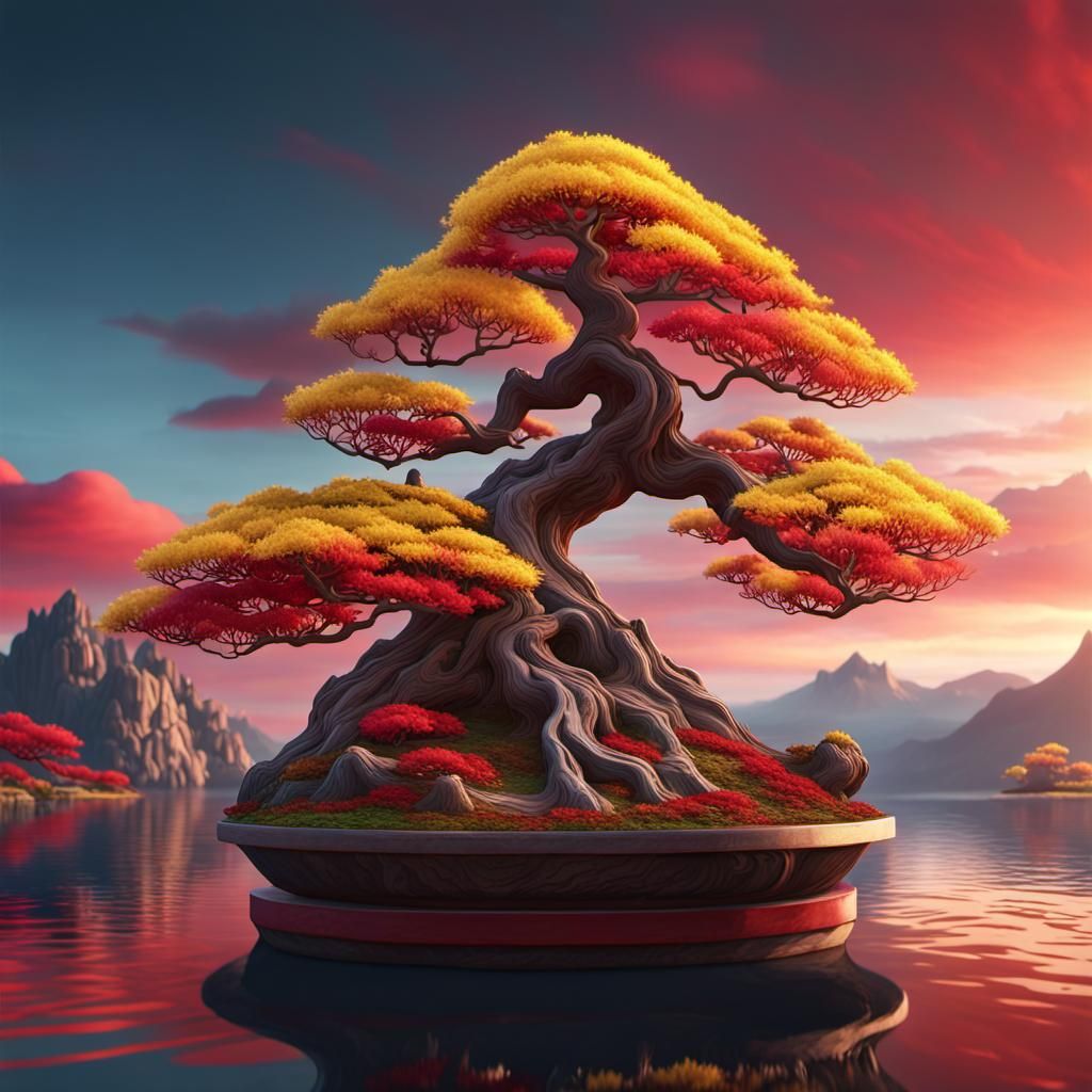 Colorful Bonsai Tree in Lake, Fantasy Art