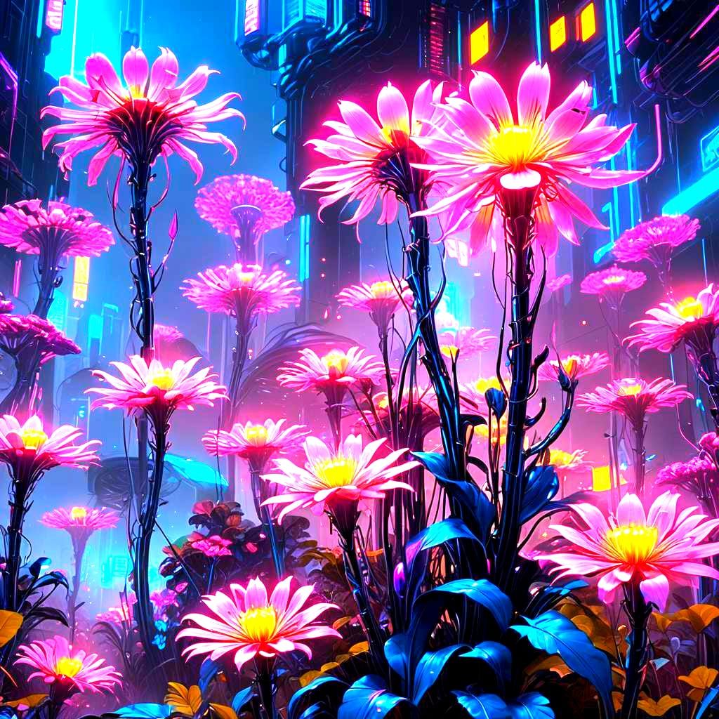 Luminous Fluorescent Flowers in a Synthwave Landscape