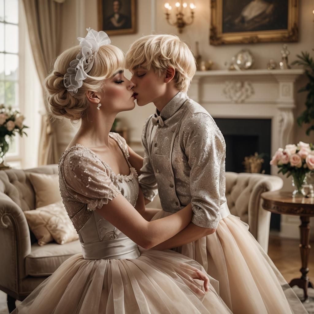 Maid Kissing Hand of Boy in Prom Dress: Fine Art