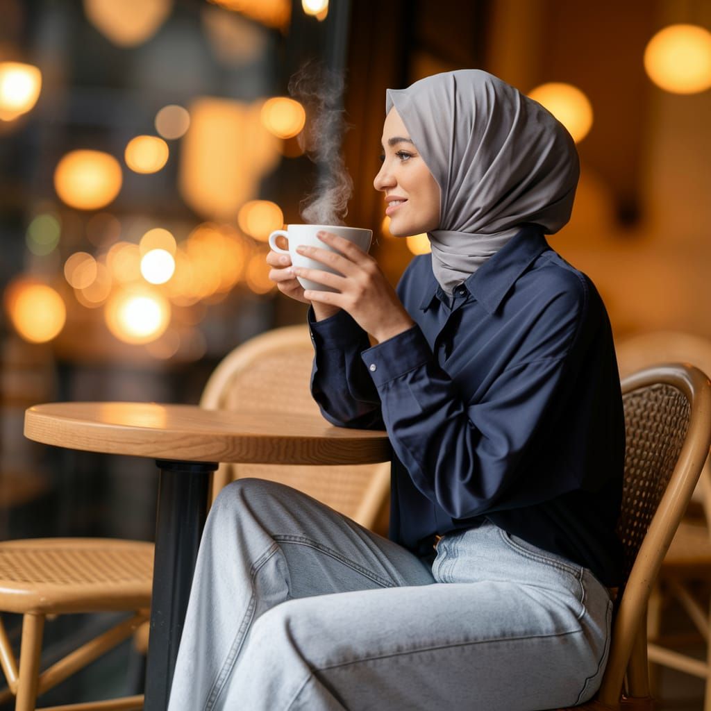 Woman Enjoying Coffee in Cozy Cafe, Soft Grey Hijab