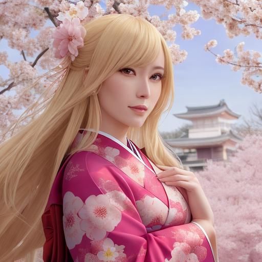 Anime Woman in Kimono on Sakura Tree