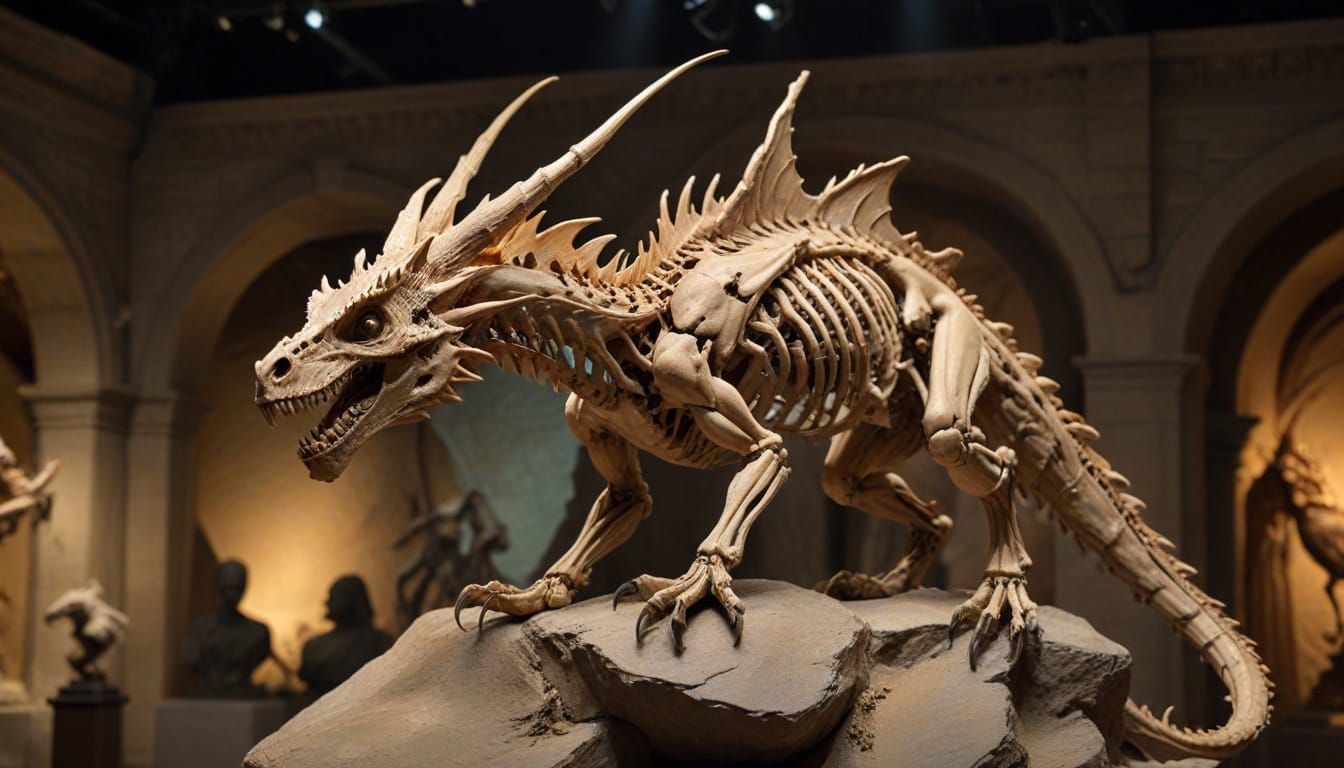 a skeletal dragon on display at the natural history mueseum london