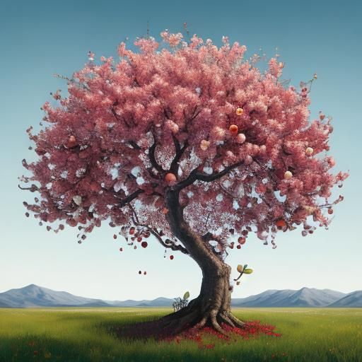 Cosmic Apple Tree with Ripe Fruit in Metallic Colors