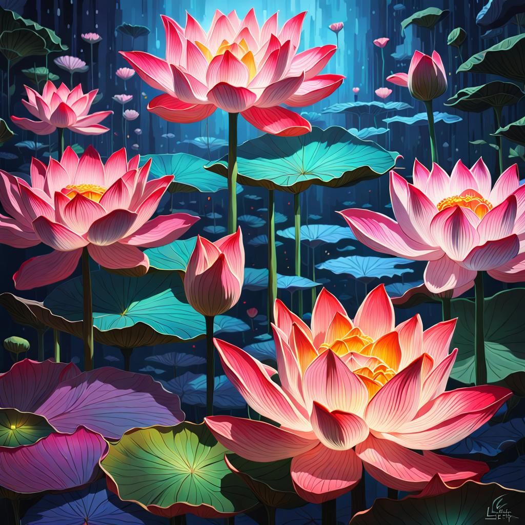 Hyperrealistic Lotus Flowers in Dark Fantasy Style
