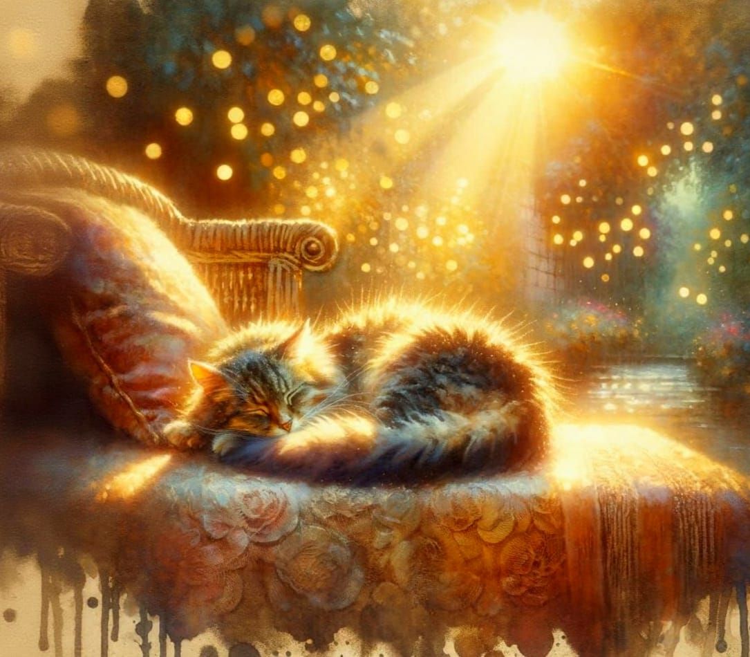 Sleeping Tabby Cat in Golden Afternoon Garden Light